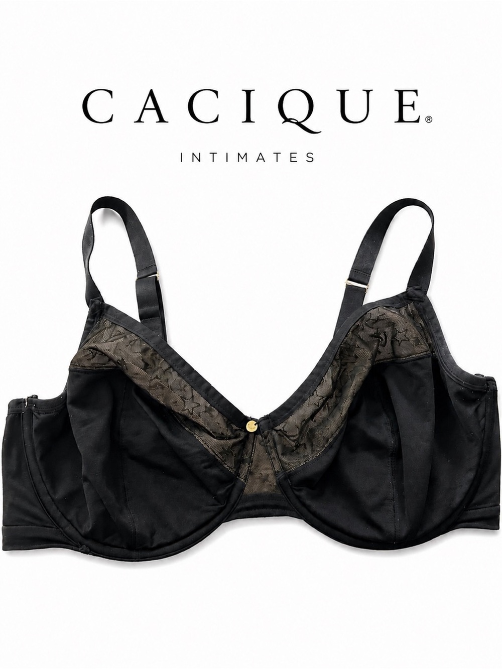 Cacique Black Underwire Full Coverage Bra Size 40F Sheer Mesh